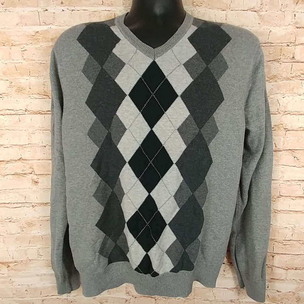 Men's Bass 100% cotton Gray Argyle V-neck Large